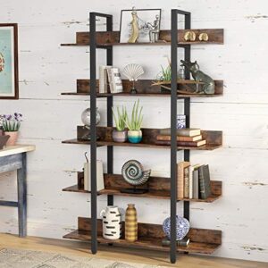 tribesigns 5 tiers bookcase, 5-shelf industrial style etagere bookcases and book shelves, metal and wood free vintage bookshelf with back fence, rustic brown