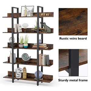Tribesigns 5 Tiers Bookcase, 5-Shelf Industrial Style Etagere Bookcases and Book Shelves, Metal and Wood Free Vintage Bookshelf with Back Fence, Rustic Brown