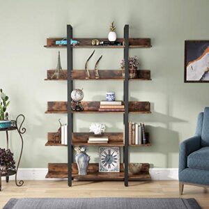 Tribesigns 5 Tiers Bookcase, 5-Shelf Industrial Style Etagere Bookcases and Book Shelves, Metal and Wood Free Vintage Bookshelf with Back Fence, Rustic Brown