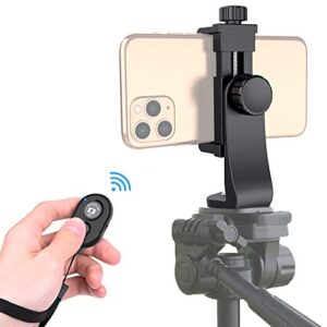 universal phone tripod mount adapter with Ｗireless camera remote, cell phone holder with adjustable clamp for selfie stick monopod compatible with iphone, samsung and so on, wrist strap included