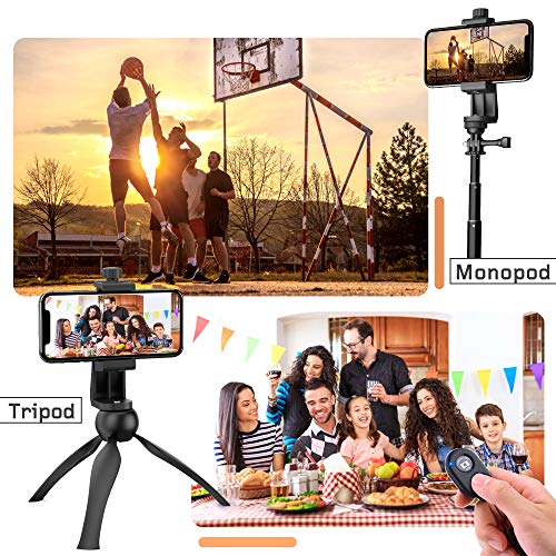 Universal Phone Tripod Mount Adapter with Ｗireless Camera Remote, Cell Phone Holder with Adjustable Clamp for Selfie Stick Monopod Compatible with iPhone, Samsung and so on, Wrist Strap Included