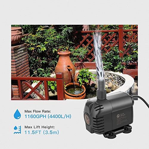 AquaMiracle 1160GPH Submersible Water Pump with 11.5ft High Lift, Pond Pump Aquarium Pumps for Fish Tank, Fountain, Waterfall, Statuary, Water feature, Hydroponics
