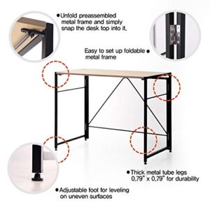 SOFSYS Modern Folding Computer Writing Desk for Small Space, Gaming, and Home Office Organization, Foldable Industrial Metal Frame with Sturdy Desktop for Students or Small Business, Oak/White