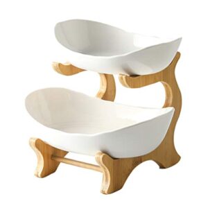 ceramic fruit bowl double layer porcelain tiered vegetable serving tray dessert appetizer cake dish with wood stand for wedding banquet(small ,9.3 x 7.8 x 7.4inch/23.5 x 19.8 x 18.8cm)