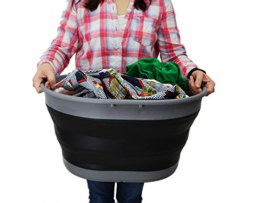 SAMMART 25L(6.6 Gallon) Collapsible Plastic Laundry Basket-Oval Tub/Basket-Foldable Storage Container-Portable Washing Tub-Space Saving Laundry Hamper, Water Capacity 20L(5.28 Gallon)(2, Grey/Black)