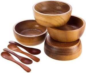 miniature doll size tiny 2¾" dia acacia calabash wood bowl for condiments, dip sauce, nuts, ketchup, jam, herb, prep, olive, salsa, round wooden brown bowl 2.75"x1.5" h set of 4 (free 4 wood spoons)