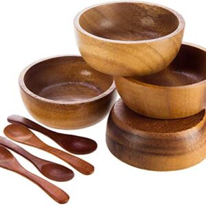 MINIATURE DOLL SIZE Tiny 2¾" Dia Acacia Calabash Wood Bowl for Condiments, Dip Sauce, Nuts, Ketchup, Jam, Herb, Prep, Olive, Salsa, Round Wooden Brown Bowl 2.75"x1.5" H Set of 4 (FREE 4 Wood Spoons)