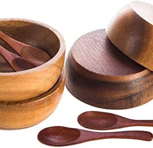 MINIATURE DOLL SIZE Tiny 2¾" Dia Acacia Calabash Wood Bowl for Condiments, Dip Sauce, Nuts, Ketchup, Jam, Herb, Prep, Olive, Salsa, Round Wooden Brown Bowl 2.75"x1.5" H Set of 4 (FREE 4 Wood Spoons)