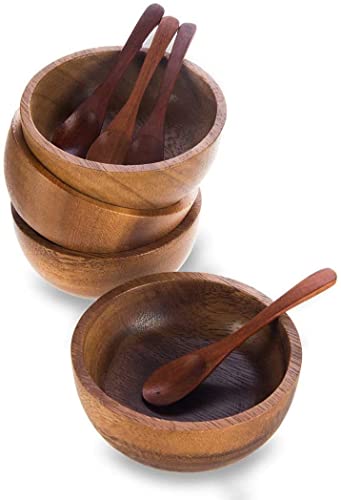 MINIATURE DOLL SIZE Tiny 2¾" Dia Acacia Calabash Wood Bowl for Condiments, Dip Sauce, Nuts, Ketchup, Jam, Herb, Prep, Olive, Salsa, Round Wooden Brown Bowl 2.75"x1.5" H Set of 4 (FREE 4 Wood Spoons)