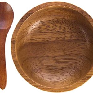 MINIATURE DOLL SIZE Tiny 2¾" Dia Acacia Calabash Wood Bowl for Condiments, Dip Sauce, Nuts, Ketchup, Jam, Herb, Prep, Olive, Salsa, Round Wooden Brown Bowl 2.75"x1.5" H Set of 4 (FREE 4 Wood Spoons)