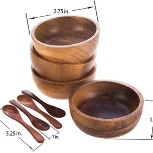 MINIATURE DOLL SIZE Tiny 2¾" Dia Acacia Calabash Wood Bowl for Condiments, Dip Sauce, Nuts, Ketchup, Jam, Herb, Prep, Olive, Salsa, Round Wooden Brown Bowl 2.75"x1.5" H Set of 4 (FREE 4 Wood Spoons)