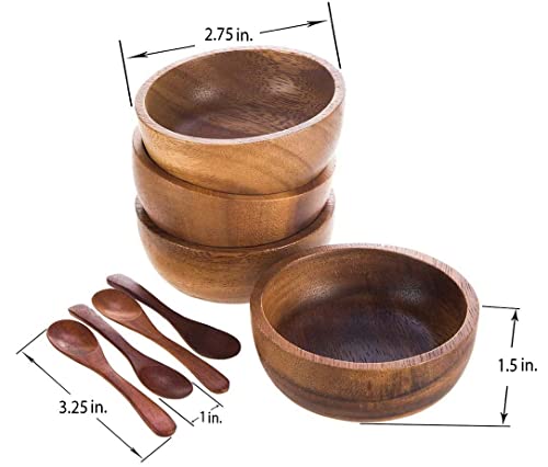 MINIATURE DOLL SIZE Tiny 2¾" Dia Acacia Calabash Wood Bowl for Condiments, Dip Sauce, Nuts, Ketchup, Jam, Herb, Prep, Olive, Salsa, Round Wooden Brown Bowl 2.75"x1.5" H Set of 4 (FREE 4 Wood Spoons)