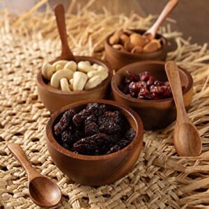 MINIATURE DOLL SIZE Tiny 2¾" Dia Acacia Calabash Wood Bowl for Condiments, Dip Sauce, Nuts, Ketchup, Jam, Herb, Prep, Olive, Salsa, Round Wooden Brown Bowl 2.75"x1.5" H Set of 4 (FREE 4 Wood Spoons)