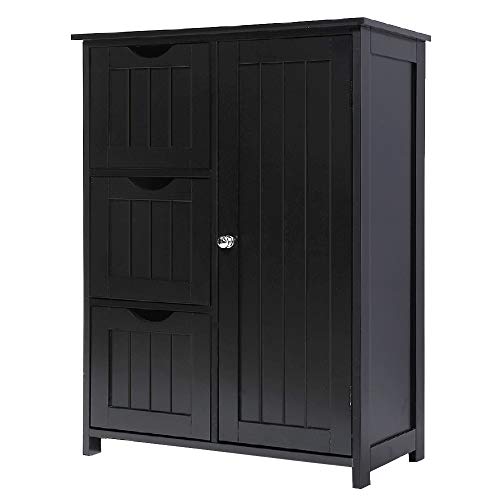 Iwell Bathroom Cabinet, Floor Storage Cabinet with 1 Door & 3 Drawers, Freestanding Entryway Bathroom Storage Cabinet for Bathroom, Living Room, Black