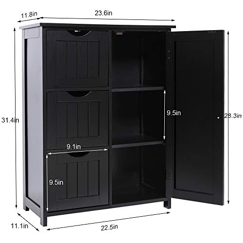 Iwell Bathroom Cabinet, Floor Storage Cabinet with 1 Door & 3 Drawers, Freestanding Entryway Bathroom Storage Cabinet for Bathroom, Living Room, Black