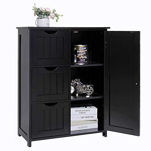 Iwell Bathroom Cabinet, Floor Storage Cabinet with 1 Door & 3 Drawers, Freestanding Entryway Bathroom Storage Cabinet for Bathroom, Living Room, Black