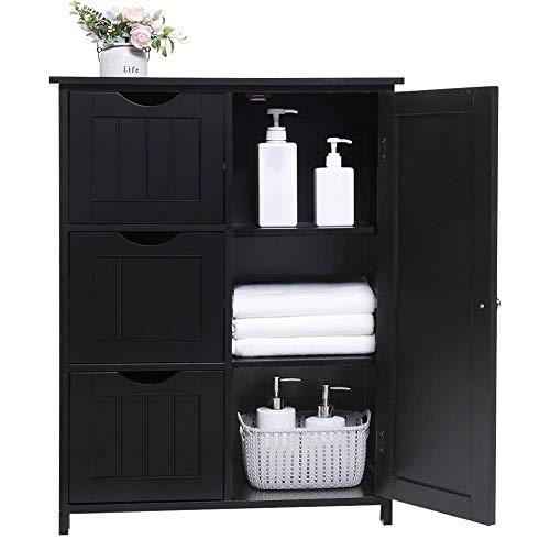 Iwell Bathroom Cabinet, Floor Storage Cabinet with 1 Door & 3 Drawers, Freestanding Entryway Bathroom Storage Cabinet for Bathroom, Living Room, Black