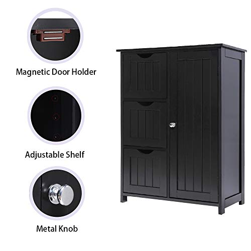 Iwell Bathroom Cabinet, Floor Storage Cabinet with 1 Door & 3 Drawers, Freestanding Entryway Bathroom Storage Cabinet for Bathroom, Living Room, Black