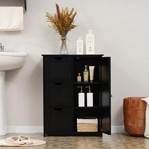 Iwell Bathroom Cabinet, Floor Storage Cabinet with 1 Door & 3 Drawers, Freestanding Entryway Bathroom Storage Cabinet for Bathroom, Living Room, Black