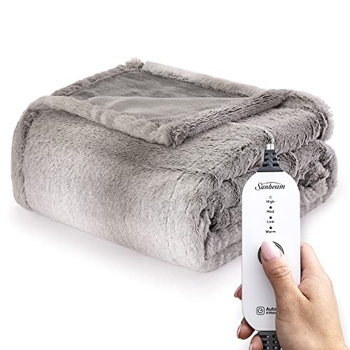 Sunbeam Royal Faux Fur White Grey Heated Personal Throw / Blanket, Cozy-Warm, Adjustable Heat Settings