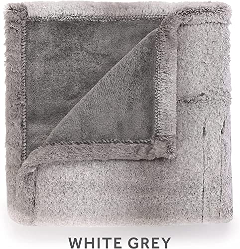 Sunbeam Royal Faux Fur White Grey Heated Personal Throw / Blanket, Cozy-Warm, Adjustable Heat Settings