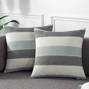 amhoo pack of 2 farmhouse stripe check throw pillow covers set case cotton linen decorative pillowcases cushion cover for couch bench sofa 20x20inch dark grey beige