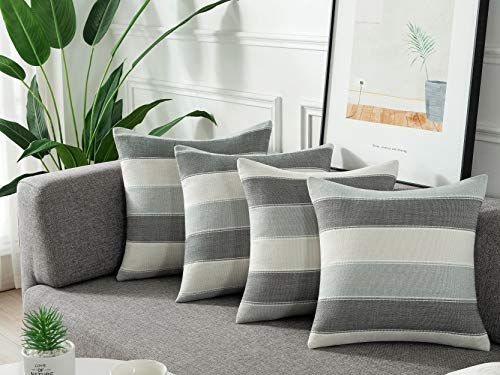 AmHoo Pack of 2 Farmhouse Stripe Check Throw Pillow Covers Set Case Cotton Linen Decorative Pillowcases Cushion Cover for Couch Bench Sofa 20x20Inch Dark Grey Beige