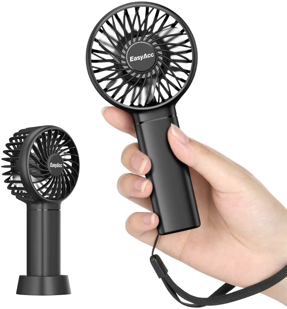 EasyAcc Mini Portable Fan Mini Handheld Fan, 3 Speed USB C Rechargeable Battery Operated Fan Pocket Fan, Personal Fan with Lanyard and Base Cooling Desk Fan for Kids Women for Travel Indoor Outdoor