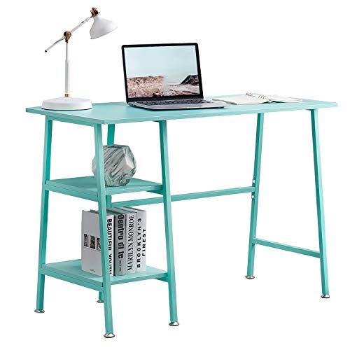 VECELO 43" Home Office Desk, Computer Study Workstation with 2 Tier Storage Shelf on Left or Right for Kids'Room, Small Spaces, Teal