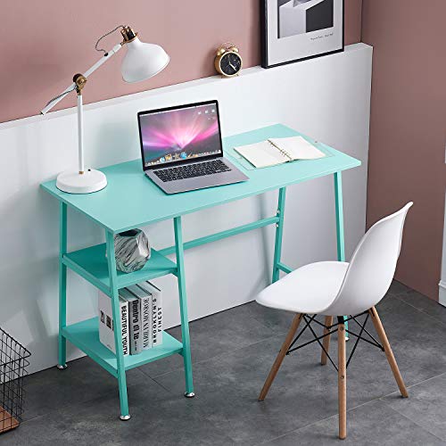 VECELO 43" Home Office Desk, Computer Study Workstation with 2 Tier Storage Shelf on Left or Right for Kids'Room, Small Spaces, Teal