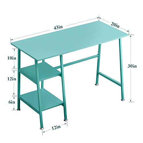 VECELO 43" Home Office Desk, Computer Study Workstation with 2 Tier Storage Shelf on Left or Right for Kids'Room, Small Spaces, Teal