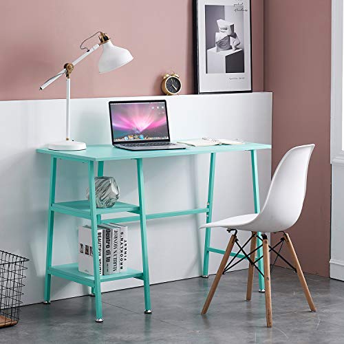 VECELO 43" Home Office Desk, Computer Study Workstation with 2 Tier Storage Shelf on Left or Right for Kids'Room, Small Spaces, Teal