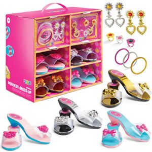 play22 princess dress up shoes - 18pc princess toys for little girls - toddler dress up jewelry toy heels - 4 5 year old girl birthday gifts – 4 pairs of shoes 2 earrings 3 bracelets and 3 rings.