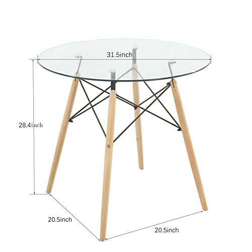 Round Table Glass Kitchen Dining Table Glass Dining Room Table Modern Style Round Leisure Coffee Table Office Coference Desk with Wood Legs for Kitchen Living Room (Round Table Glass)