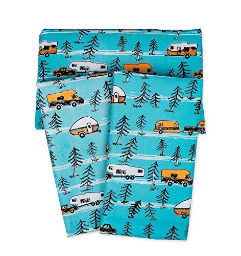 Camco Life is Better at the Campsite Tablecloth with Bench Covers | Provides a Clean Eating Surface for Outdoor Activities | Features an RV and Tree Sketch Design | (53380)