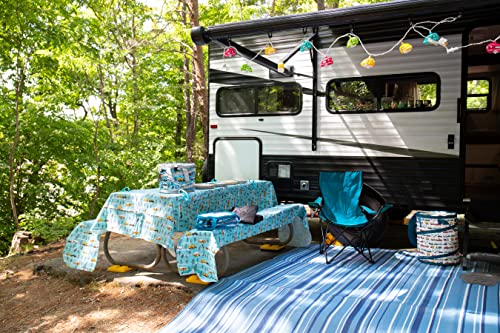 Camco Life is Better at the Campsite Tablecloth with Bench Covers | Provides a Clean Eating Surface for Outdoor Activities | Features an RV and Tree Sketch Design | (53380)