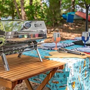 Camco Life is Better at the Campsite Tablecloth with Bench Covers | Provides a Clean Eating Surface for Outdoor Activities | Features an RV and Tree Sketch Design | (53380)