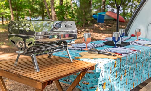 Camco Life is Better at the Campsite Tablecloth with Bench Covers | Provides a Clean Eating Surface for Outdoor Activities | Features an RV and Tree Sketch Design | (53380)