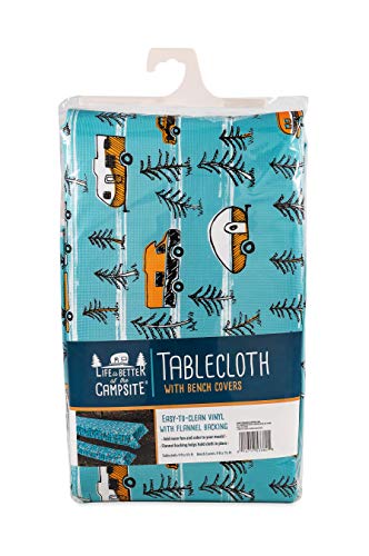 Camco Life is Better at the Campsite Tablecloth with Bench Covers | Provides a Clean Eating Surface for Outdoor Activities | Features an RV and Tree Sketch Design | (53380)