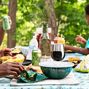 Camco Life is Better at the Campsite Tablecloth with Bench Covers | Provides a Clean Eating Surface for Outdoor Activities | Features an RV and Tree Sketch Design | (53380)