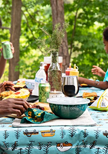 Camco Life is Better at the Campsite Tablecloth with Bench Covers | Provides a Clean Eating Surface for Outdoor Activities | Features an RV and Tree Sketch Design | (53380)