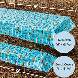 Camco Life is Better at the Campsite Tablecloth with Bench Covers | Provides a Clean Eating Surface for Outdoor Activities | Features an RV and Tree Sketch Design | (53380)