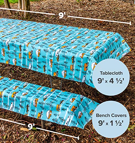 Camco Life is Better at the Campsite Tablecloth with Bench Covers | Provides a Clean Eating Surface for Outdoor Activities | Features an RV and Tree Sketch Design | (53380)