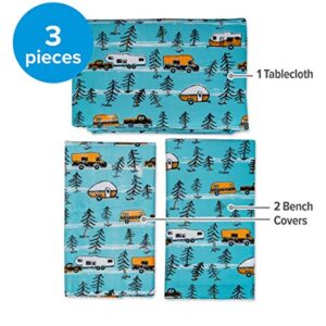 Camco Life is Better at the Campsite Tablecloth with Bench Covers | Provides a Clean Eating Surface for Outdoor Activities | Features an RV and Tree Sketch Design | (53380)