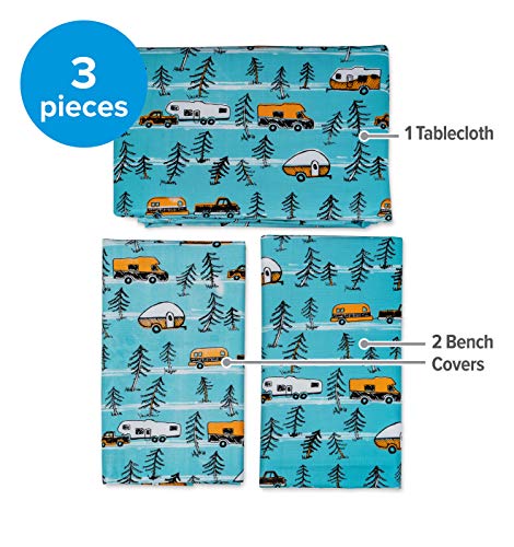 Camco Life is Better at the Campsite Tablecloth with Bench Covers | Provides a Clean Eating Surface for Outdoor Activities | Features an RV and Tree Sketch Design | (53380)