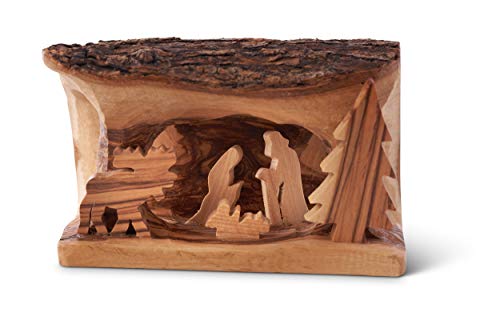 Earthwood Bark Carved from Branch with Moose Small Olive Wood Nativity, Brown