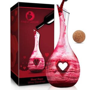 finest amore wine decanter - 1200ml heart shaped red wine carafe with stopper - hand blown lead-free crystal glass, wine gift, wine accessories