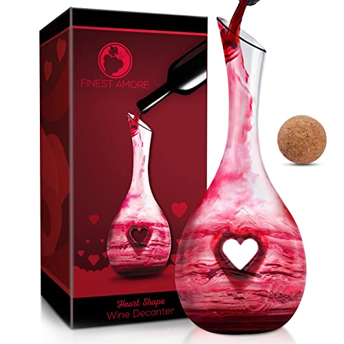 Finest Amore Wine Decanter - 1200ml Heart Shaped Red Wine Carafe with Stopper - Hand Blown Lead-free Crystal Glass, Wine Gift, Wine Accessories