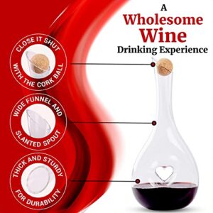 Finest Amore Wine Decanter - 1200ml Heart Shaped Red Wine Carafe with Stopper - Hand Blown Lead-free Crystal Glass, Wine Gift, Wine Accessories