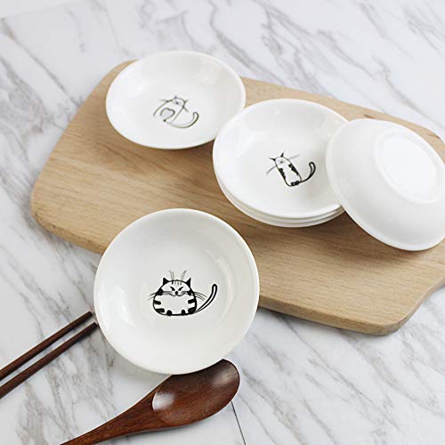 FUYU 6pcs Cute Cat Ceramic Sauce Dish Seasoning Dish Dessert Plate Snack Plate Side Dish, 4 inches